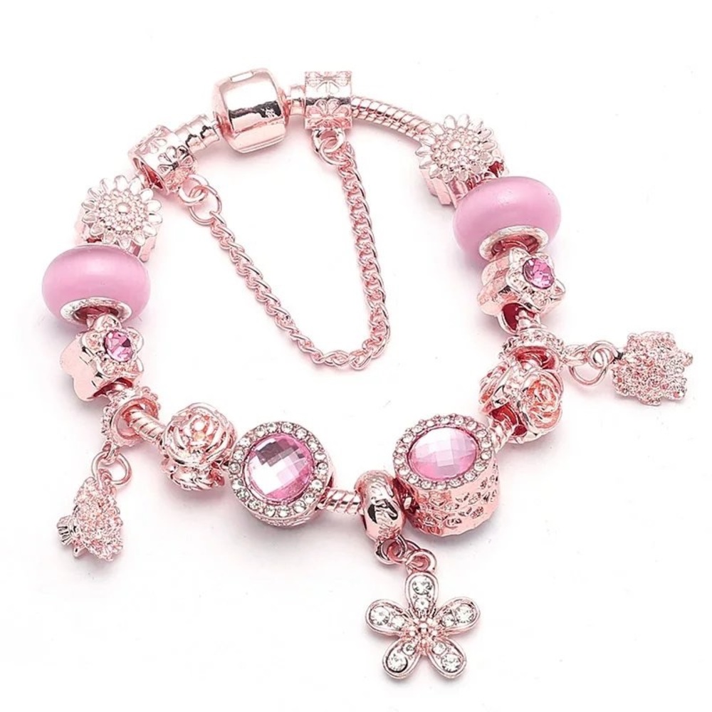 Rose Gold Rhinestone Crystal Flower Heart Charm bracelets
